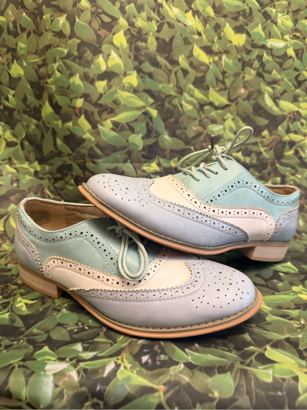 Wanted “Babe” Classic Wingtip Oxfords in Pastel Blue and Cream